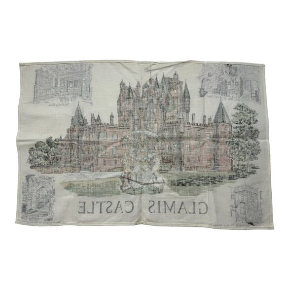 Vintage Glamis Castle Scotland Tea Towel Dishcloth UK Linen Union Brown Green - Picture 2 of 5
